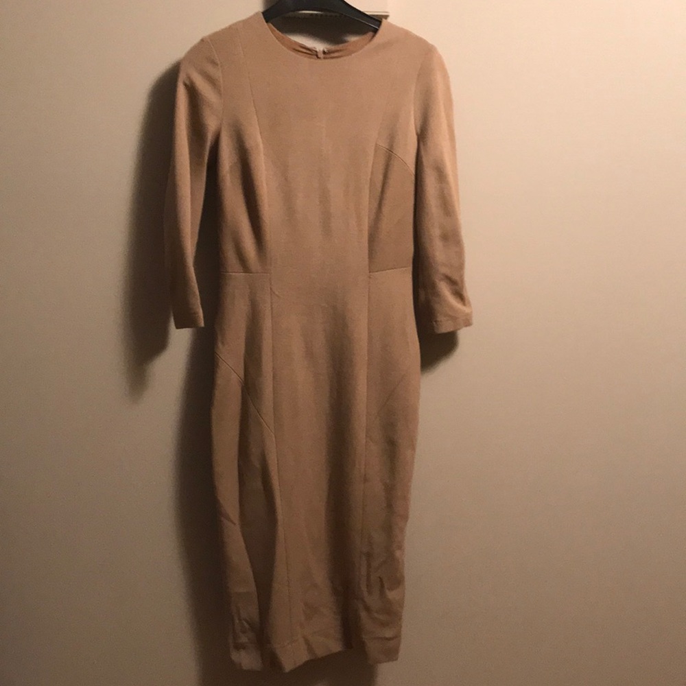 Lida Baday Canadian camel viscose  jersey lined 3/4 sleeve pencil dress EUC